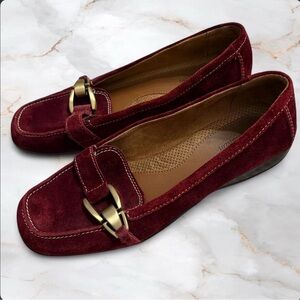 Naturalizer Burgundy Suede Loafers | Brass/Gold Buckle Detail | Square Toe